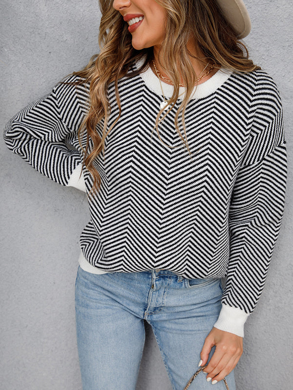 flowersverse Striped Long Sleeves Loose Round-Neck Sweater Tops Pullovers Knitwear