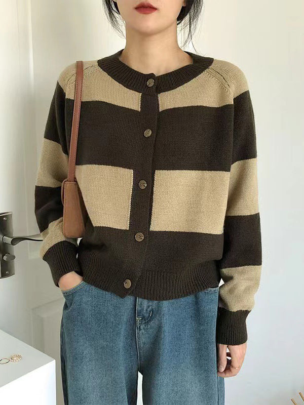 flowersverse Casual Buttoned Contrast Color Striped Cardigan Tops