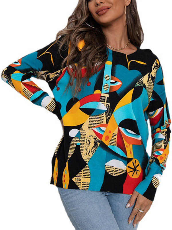 flowersverse Figure Printed Long Sleeves Round-Neck Sweater Tops Pullovers Knitwear