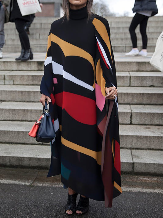 flowersverse Batwing Sleeves Loose Contrast Color Printed Split-Joint High Neck Maxi Dresses