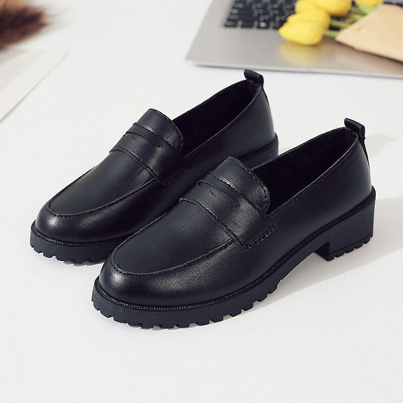 flowersverse Women's Flats Comfort Shoes Daily Block Heel Round Toe Minimalism PU Leather Loafer Black Brown