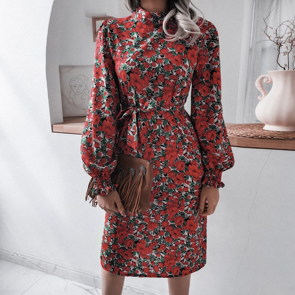 flowersverse Floral Stand Collar Lantern Long Sleeve Chiffon Dress