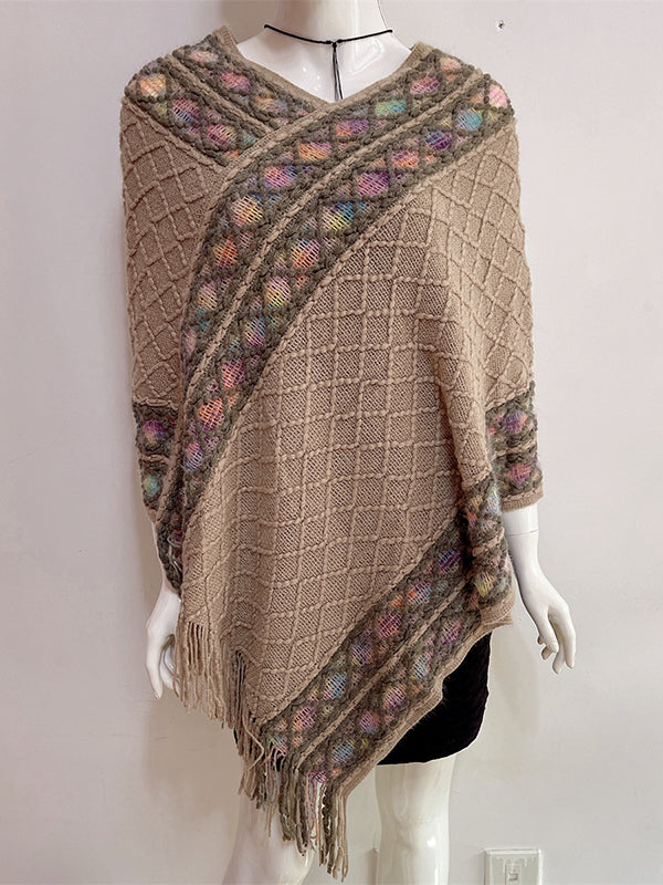 flowersverse Asymmetric Tasseled Loose V-Neck Shawl&Cloak Cape