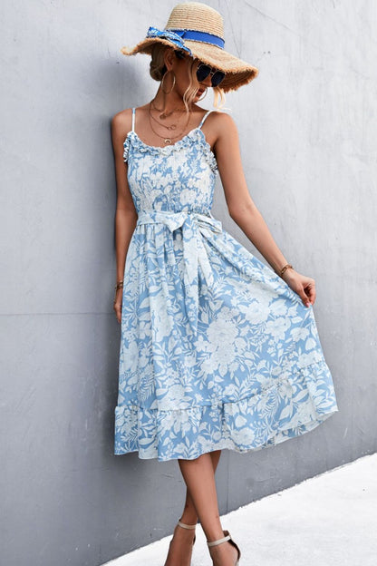 flowersverse Floral Frill Trim Scoop Neck Spaghetti Strap Dress