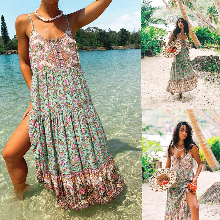 flowersverse Bohemian Long Sling Floral High Waist Dress Girl