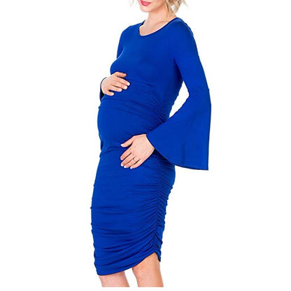 flowersverse Women's Maternity Dress Casual Dress Semi Formal Dress Solid Color Midi Dress Long Sleeve Ruched Crew Neck Fashion Outdoor Wine Red Black Blue Spring Summer S M L XL