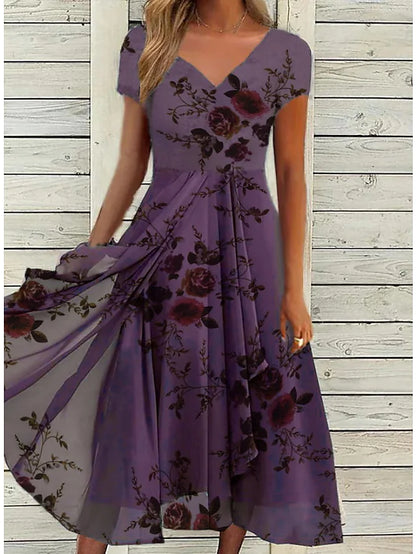 flowersverse Women's Casual Dress Chiffon Dress Midi Dress Navy Blue Purple Short Sleeve Floral Print Spring Summer V Neck Stylish  S M L XL XXL 3XL