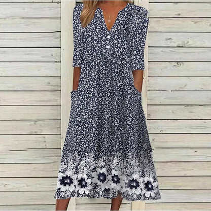 flowersverse Women's Casual Dress Midi Dress Navy Blue Half Sleeve Floral Ruched Summer Spring V Neck Basic Loose Fit  S M L XL XXL 3XL