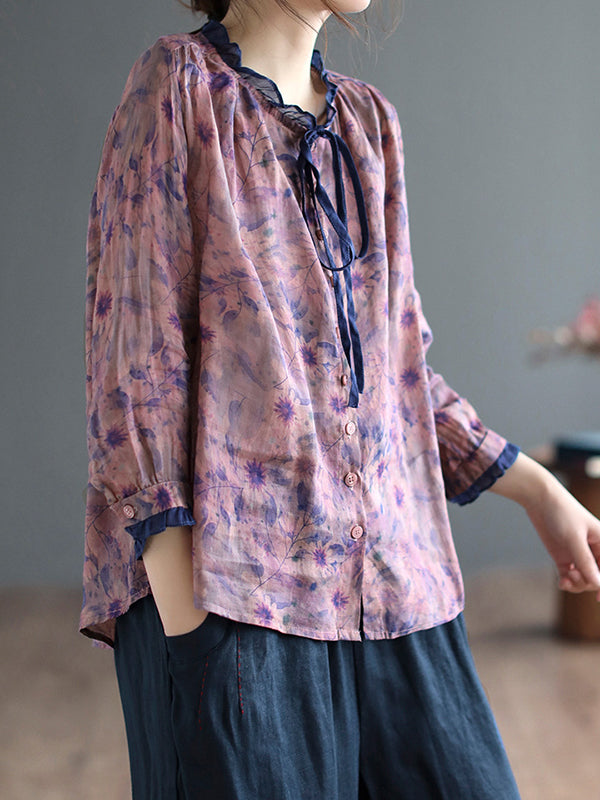 flowersverse Floral Printed Lace-Up Long Sleeves Loose Round-Neck Blouses&Shirts Tops