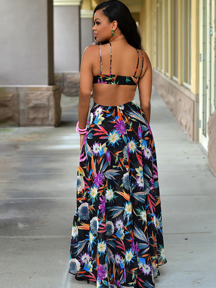 flowersverse Floral Print Halter Asymmetrical Boho Midi Dress