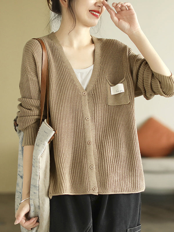 flowersverse 6 Colors Urban Split-Joint Solid Color V-Neck Cardigan Top