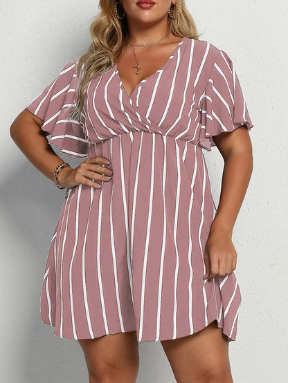 flowersverse Women's Plus Size Casual Dress A Line Dress Stripe Mini Dress Short Sleeve Print V Neck Fashion Outdoor ArmyGreen Black Spring Summer L XL XXL 3XL 4XL