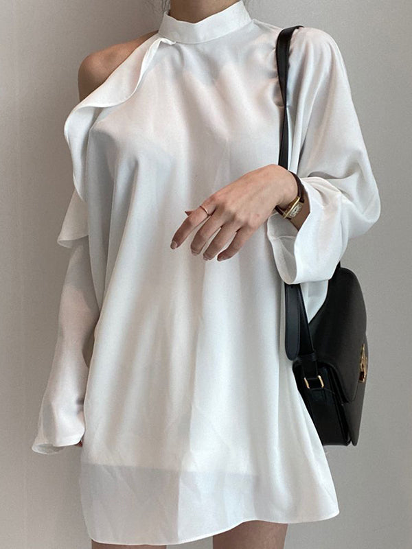 flowersverse Asymmetric Hollow Ruffled Solid Color Tied Waist Long Sleeves Loose Mock Neck Blouses&Shirts Tops