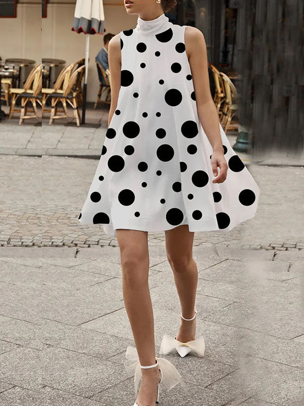 flowersverse Sleeveless A-Line Polka Dot High-Neck Mini Dresses