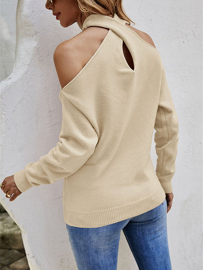 flowersverse Casual Long Sleeves Solid Color Halter-Neck Sweater Tops