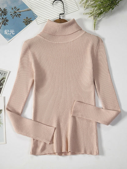 flowersverse Simple Skinny Solid Color High-Neck Sweater Tops