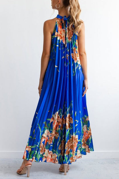 flowersverse Life In Floral Pleated Halter Neck Maxi Dress