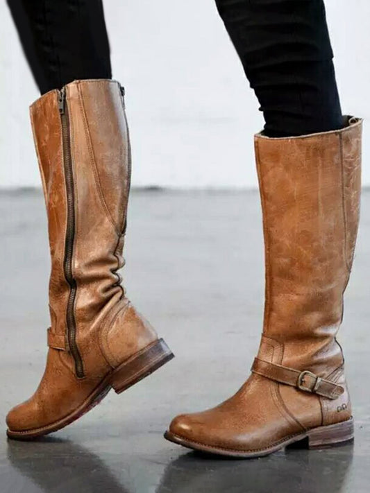 flowersverse Vintage Round Toe Buckle Tall Boots Chunky Heel Riding Boots