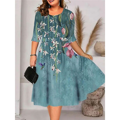 flowersverse Women's Plus Size Work Dress A Line Dress Floral Midi Dress Half Sleeve Print Crew Neck Elegant Office Blue Purple Spring Summer XL XXL 3XL 4XL 5XL