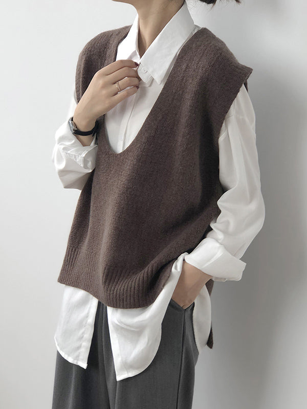 flowersverse Knitting Irregularity Solid V-Neck Vest