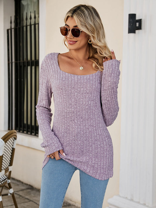 flowersverse Casual Long Sleeves Skinny Solid Color Square-Neck Sweater Tops