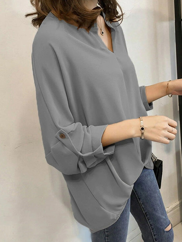 flowersverse Casual Long Sleeves Loose Solid Color V-Neck Blouses&Shirts Tops