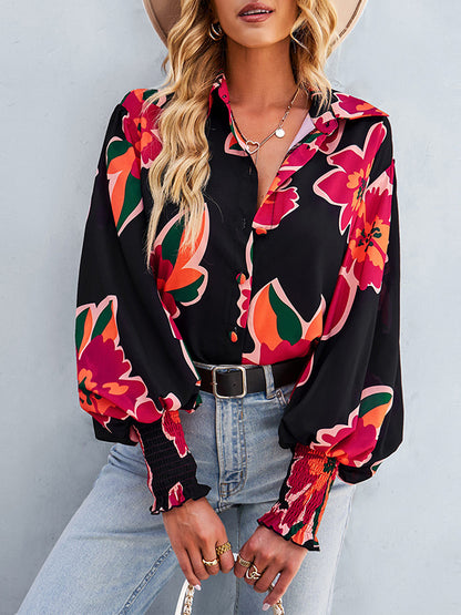 flowersverse Buttoned Elasticity Flower Print Long Sleeves Loose Lapel Blouses&Shirts Tops