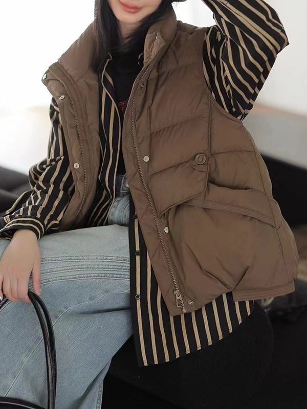 flowersverse Loose Sleeveless Pleated Split-Joint Zipper Stand Collar Down Coat Padded Vest