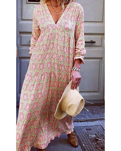 flowersverse Women's A-Line Dress Maxi Long Dress - Long Sleeve Print Patchwork Print Fall Winter Casual Blue Yellow Blushing Pink