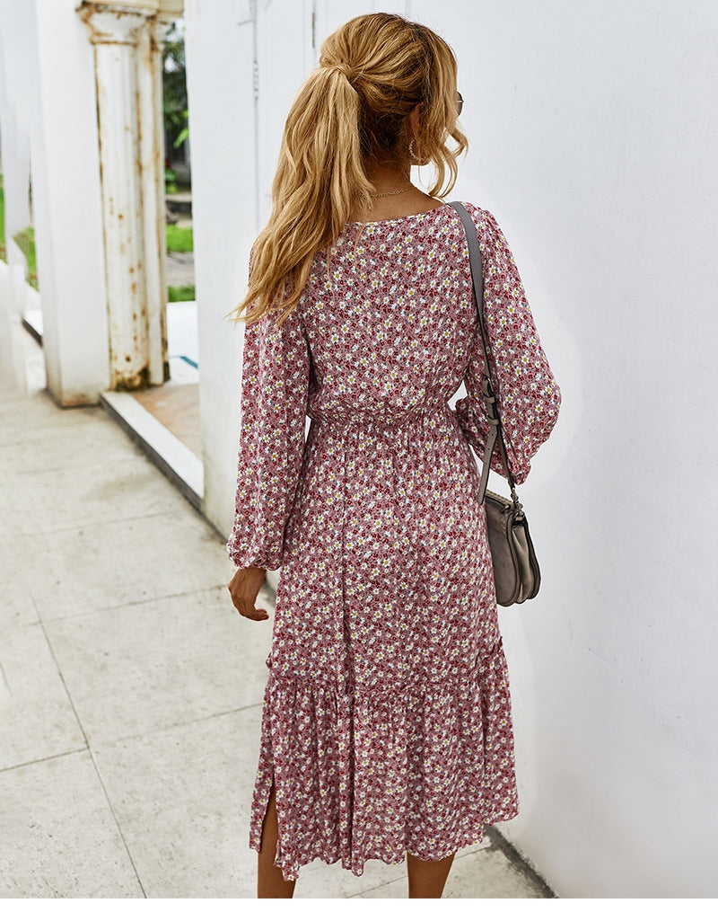 flowersverse Retro Ladies Square Collar Floral Long Dress Autumn Winter Women High Waist Full Sleeve Elegant Chic Dress