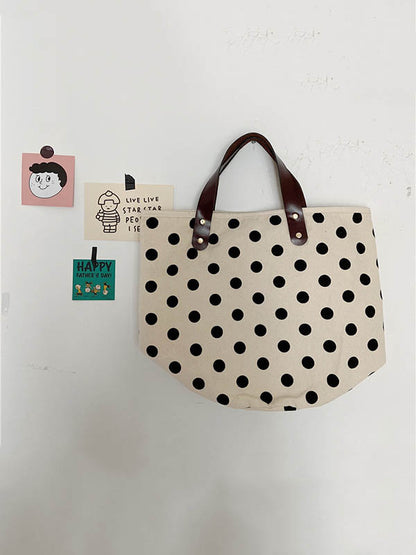 flowersverse Vintage Canvas Polka-Dot Printed Makeup Tote Bag Bucket Bag