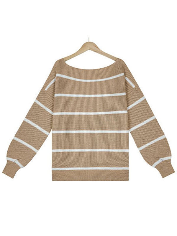 flowersverse Long Sleeves Striped Off-The-Shoulder Sweater Tops