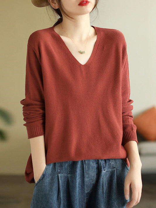 flowersverse Solid Color Long Sleeves Loose V-Neck Sweater Tops