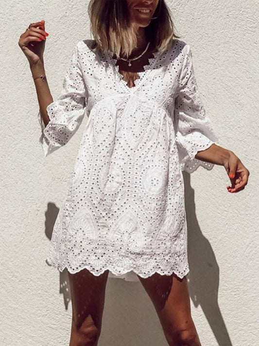 flowersverse Plus Size Casual V Neck 3/4 Sleeve Knitting Dress