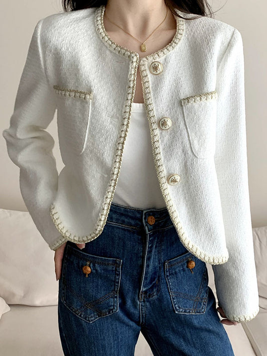 flowersverse Buttoned Pockets Split-Joint Long Sleeves Loose Round-neck Outerwear