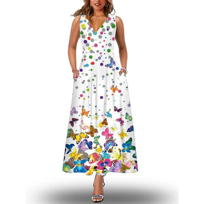 flowersverse Women's Long Dress Maxi Dress Casual Dress Shift Dress Print Dress Floral Butterfly Peacock Fashion Casual Daily Going out Beach Print Sleeveless V Neck Dress Loose Fit Black White Light Green Spring