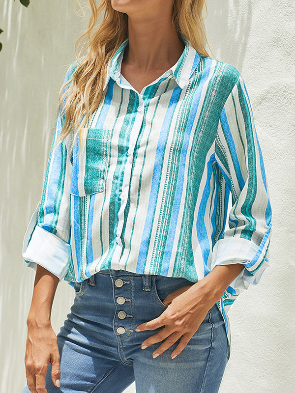 flowersverse Buttoned Pockets Striped High-Low Long Sleeves Lapel Blouses&Shirts Tops