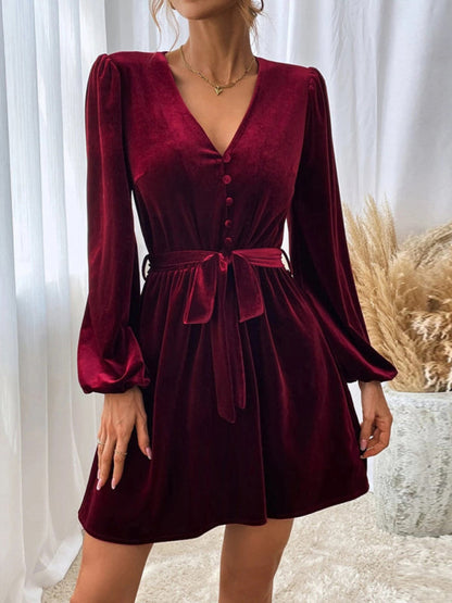 flowersverse V-neck Waist A-line Skirt Long-Sleeved Velvet Sexy Banquet Dress