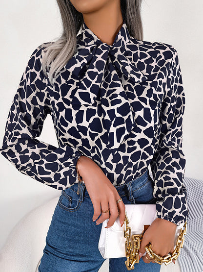 flowersverse Bow-Embellished Elasticity Tied Bishop Sleeve Long Sleeves Mock Neck Blouses&Shirts Tops