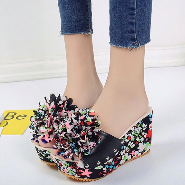 flowersverse Women Thick Floral Flower Wedge Sandals High Heel Slipper Sandal Shoes