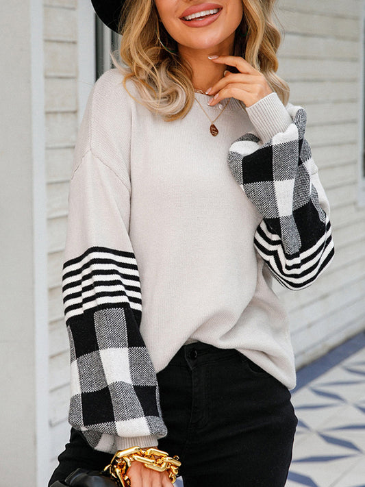 flowersverse Casual Long Sleeves Loose Checkered Round-Neck Sweater Tops