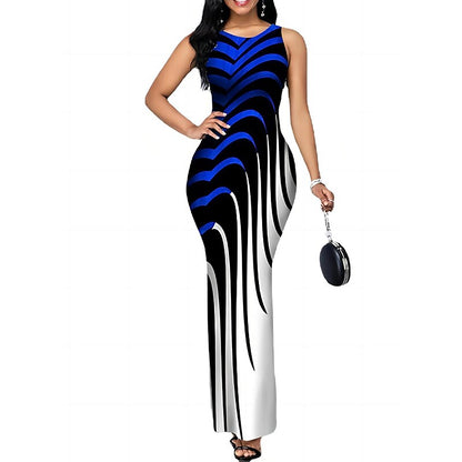 flowersverse Women's Work Dress Sheath Dress Semi Formal Dress Fashion Maxi Dress Split Print Crew Neck Sleeveless Floral Stripe Loose Fit Black White Blue Spring Summer M L XL XXL 3XL