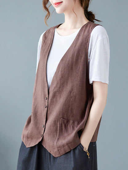 flowersverse Simple Loose V-Neck Solid Color Vest