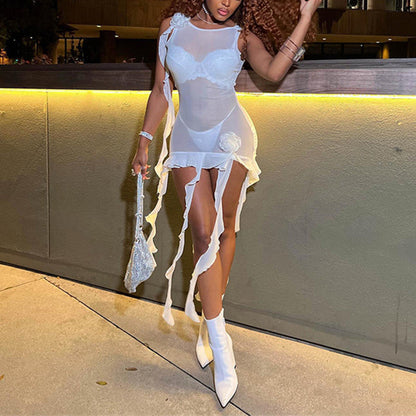 flowersverse Mesh Ruffle Tassel Bodycon Mini Dress