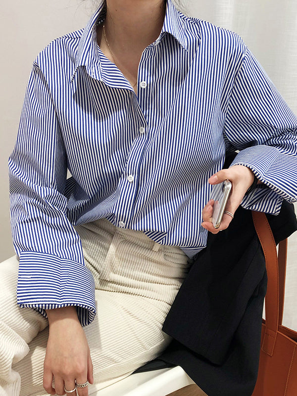 flowersverse Urban Loose Striped Lapel Collar Blouses&Shirts Tops