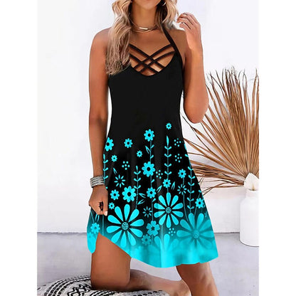 flowersverse Women's Casual Dress Slip Dress Print Dress Floral Backless Print Strap Mini Dress Active Fashion Outdoor Daily Sleeveless Slim Black Yellow Royal Blue Spring Summer S M L XL XXL