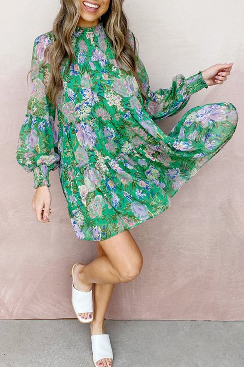 flowersverse Floral Print Lantern Sleeve Dress