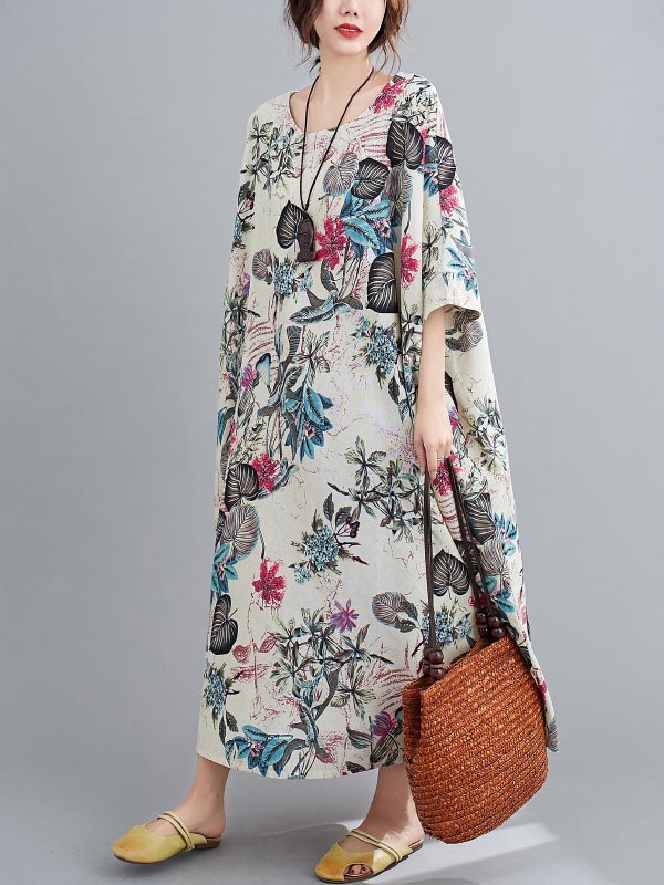 flowersverse Vintage Floral Round-Neck Dress