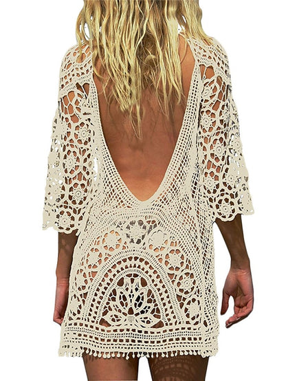 flowersverse Women's Swimwear Cover Up Beach Dress Normal Swimsuit Tassel Hole Pure Color White Black Beige V Wire Bathing Suits New Vacation Fashion / Sexy / Modern