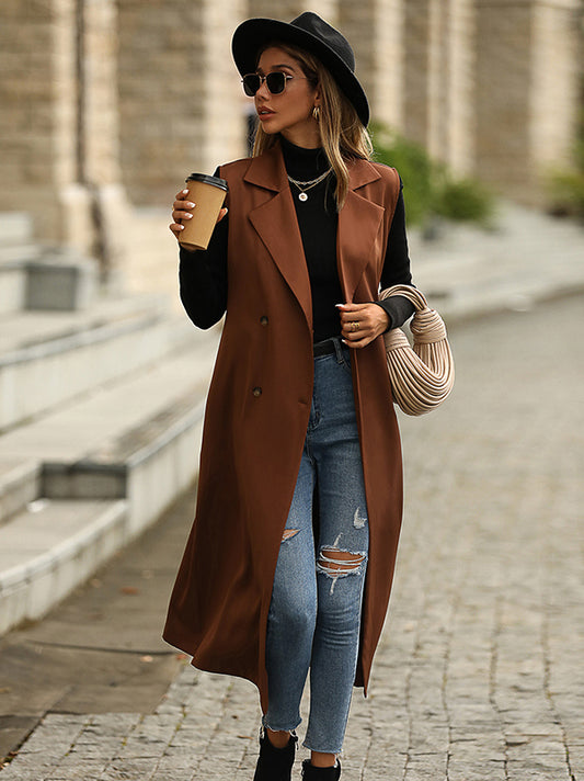 flowersverse Casual Sleeveless Loose Solid Color Lapel Collar Coat